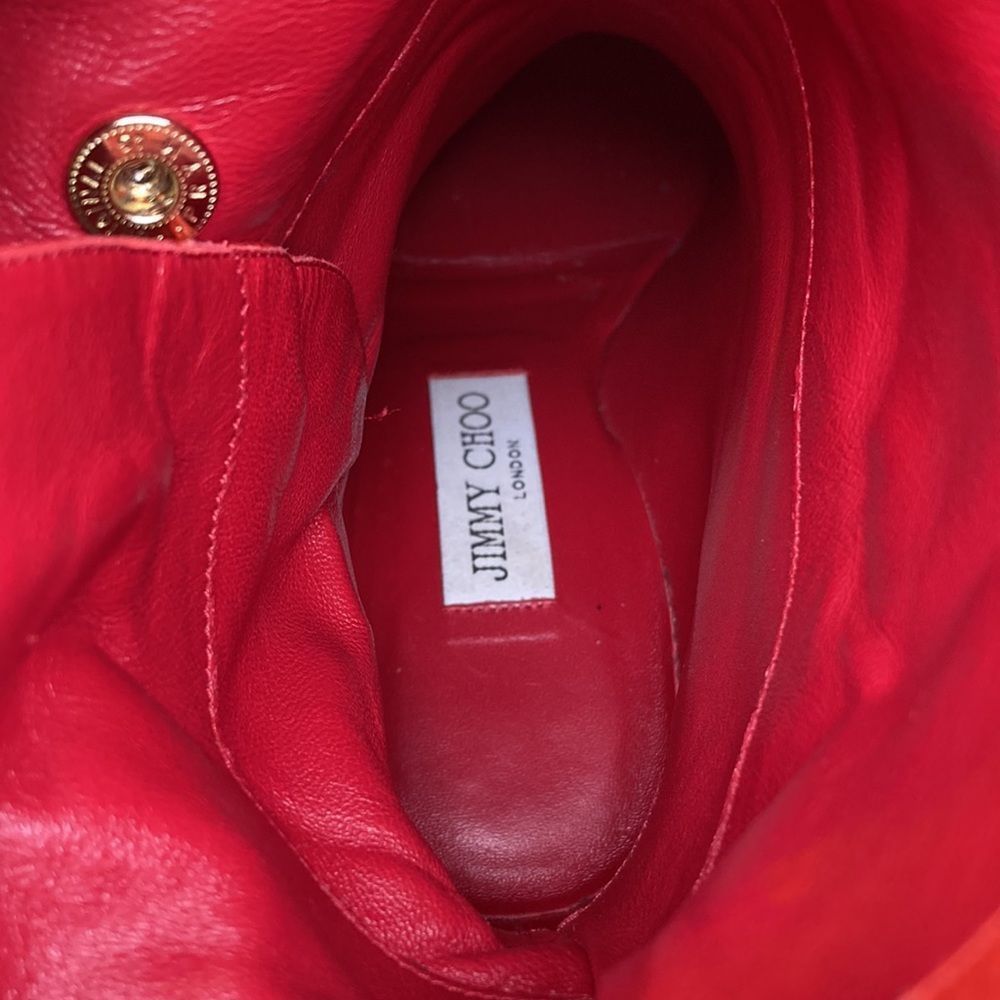 Jimmy Choo Boots Dayno Leather Mid Calf Vibrant Red Gold Button Closure Boots - Picture 13 of 16